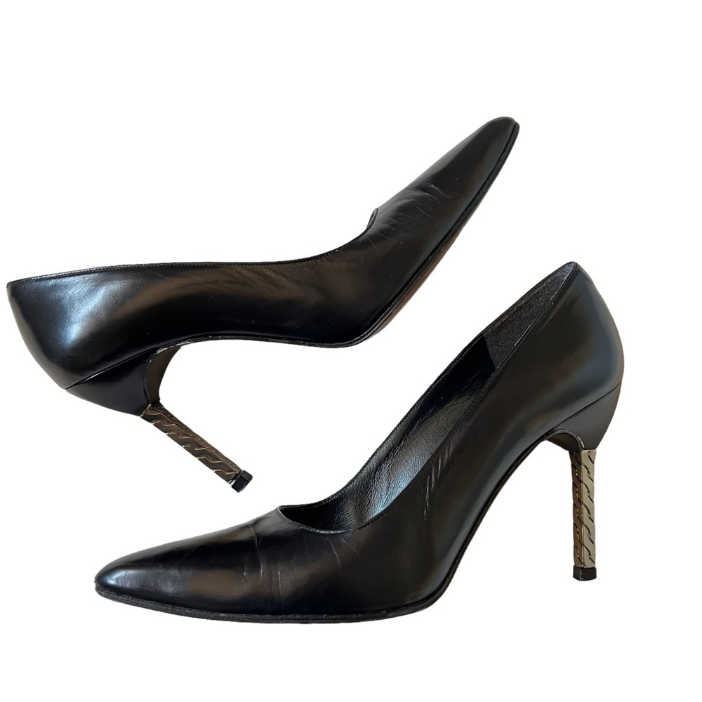 Classic Black Leather Pointed-Toe Pumps with Braided Accent Heel